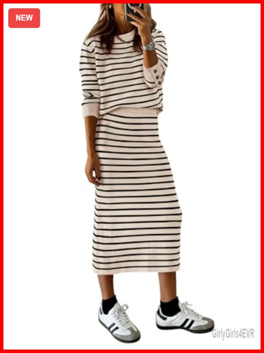 Women 2 Piece Striped Sweater Skirt Set Knitted Midi Pencil Skirt Lounge Outfit